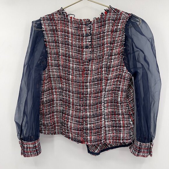 ZARA Tweed Plaid Top with Navy Sheer Chiffon Sleeves Size L - Picture 2 of 10